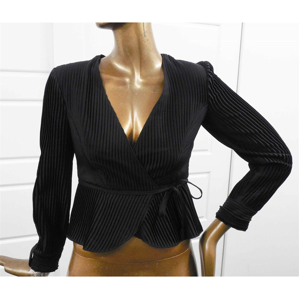 New Armani Collezioni Italy Black Pleated Silk Blouse Jacket sz 4 $1150rt
